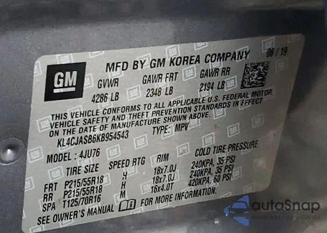 2019 Buick Encore Preferred z USA, uszkodzony, nr VIN KL4CJASB6KB954543